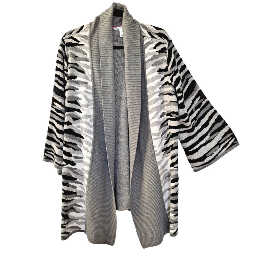 Isaac Mizrahi Live Gray Black White Animal Print Open Front Cardigan Sweater XL